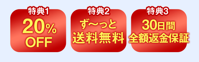 【特典1】20%OFF【特典2】ず～っと送料無料【特典3】30日間全額返金保証