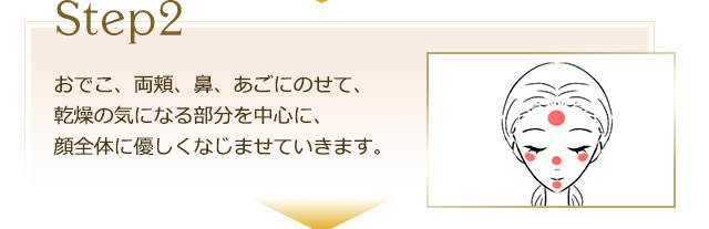 【Step2】おでこ、両頬、鼻、あごにのせて、乾燥の気になる部分を中心に、顔全体に優しくなじませていきます。
