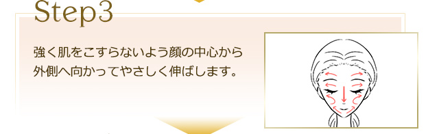 【Step3】強く肌をこすらないよう顔の中心から外側へ向かってやさしく伸ばします。