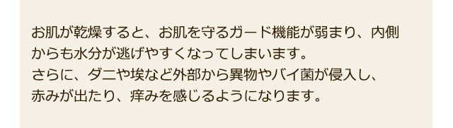 お肌が乾燥すると、お肌を守るガード機能が弱まり、内側からも水分が逃げやすくなってしまいます。さらに、ダニや埃など外部から異物やバイ菌が侵入し、赤みが出たり、痒みを感じるようになります。