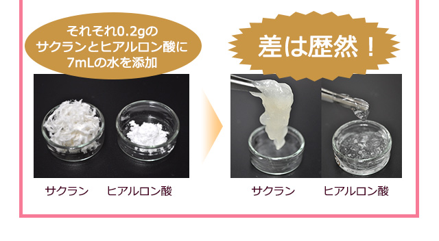 それそれ0.2gのサクランとヒアルロン酸に7mLの水を添加→差は歴然！