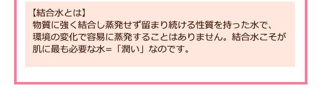 【結合水とは】物質に強く結合し蒸発せず留まり続ける性質を持った水で、環境の変化で容易に蒸発することはありません。結合水こそが肌に最も必要な水=「潤い」なのです。
